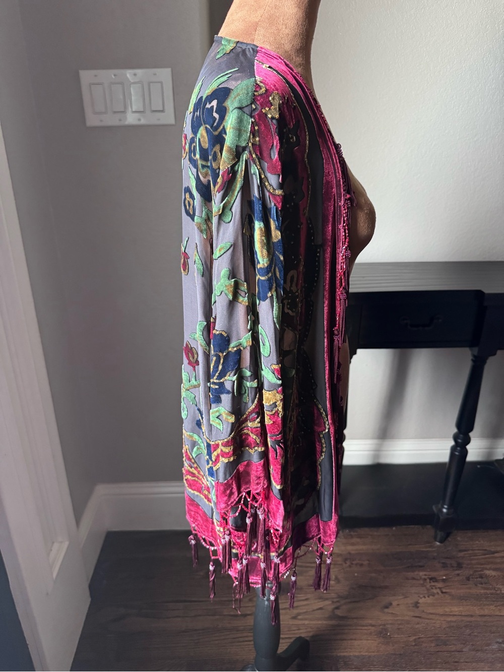 R&K Evening Silk Burnout Velvet Beaded Kimono Duster Jacket S/M Vintage - Picture 10 of 16